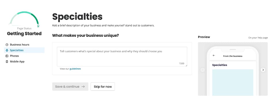 specialities for yelp business page